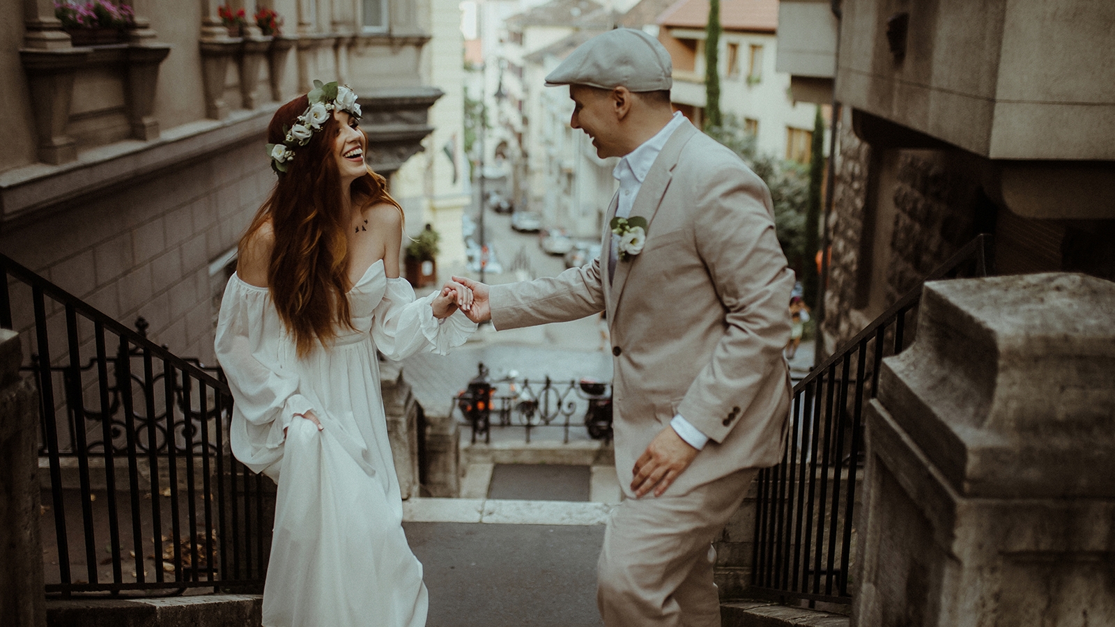 Budapest street with bride and groom